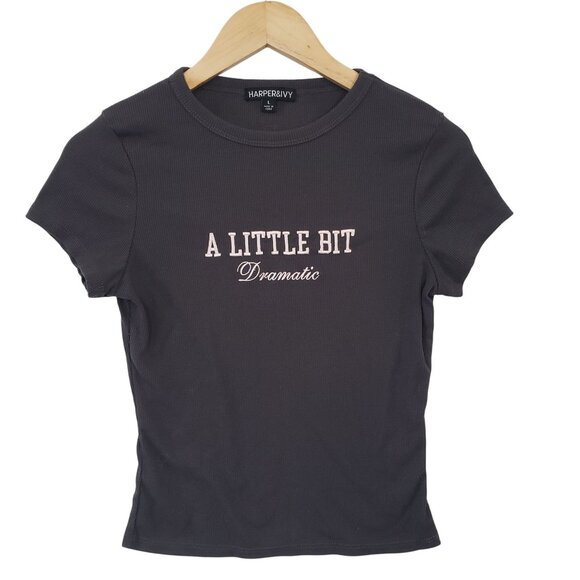 Harper & Ivy Juniors Size L Black A Little Bit Dramatic Ribbed Short Sleeve Top - Picture 1 of 6